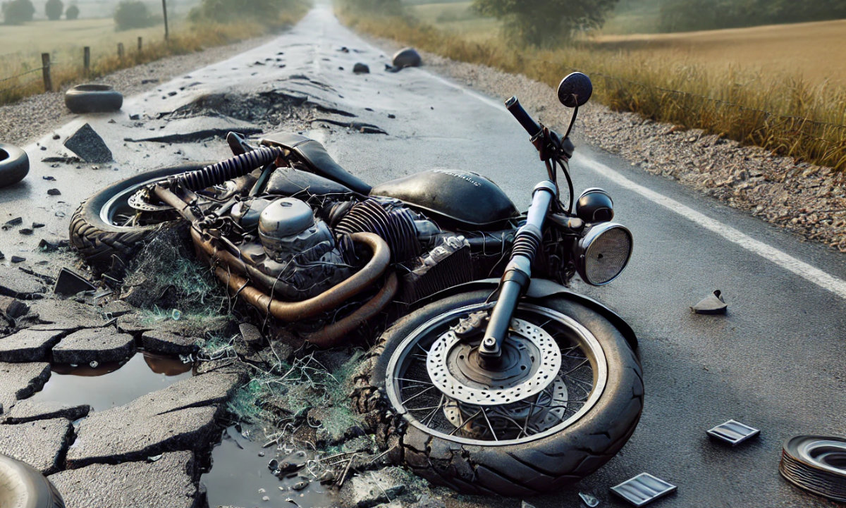 Motorcycle crash caused by poor road conditions.